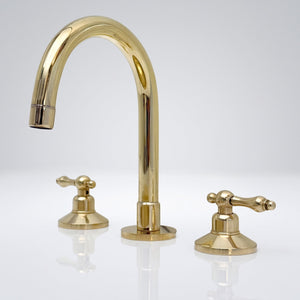 Unlacquered Brass High-Arc Widespread Bathroom Faucet with Lever Handles – Grand Arc