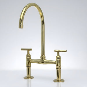 Unlacquered brass bridge kitchen faucet with Reed lever handles, faucet-only set
