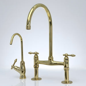 Unlacquered brass bridge kitchen faucet with separate drinking water tap and Finial lever handles
