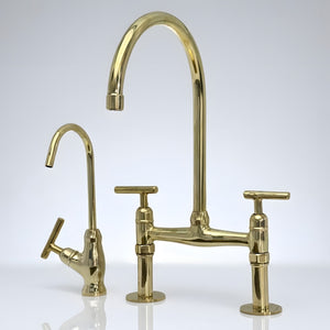 Unlacquered brass bridge kitchen faucet with drinking water tap and Reed lever handles