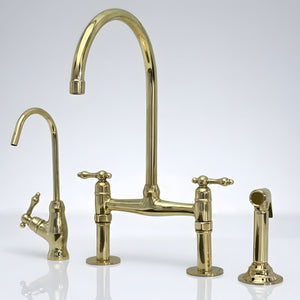 Full luxury set unlacquered brass bridge faucet with sprayer and drinking water tap, Finial lever handles