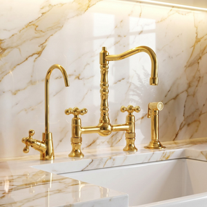 Unlacquered Brass Victorian Bridge Kitchen Faucet with Cross Handles – Pembroke