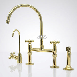 Unlacquered brass bridge kitchen faucet with sprayer and drinking tap, Petal cross handles