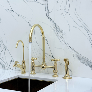Unlacquered Brass Vintage Bridge Kitchen Faucet with Cross Handles – Montrose – alternate view 2