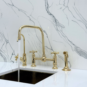 Unlacquered Brass Classic Bridge Kitchen Faucet with Cross Handles – Whitmore – alternate view 3