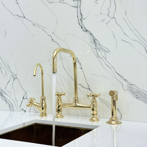 Unlacquered Brass Classic Bridge Kitchen Faucet with Cross Handles – Waverley – alternate view 2