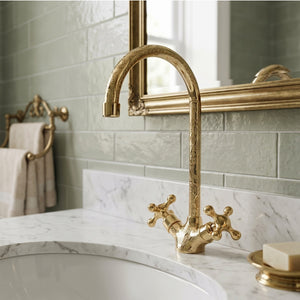 Unlacquered Brass Engraved Gooseneck Single Hole Faucet with Cross Handles