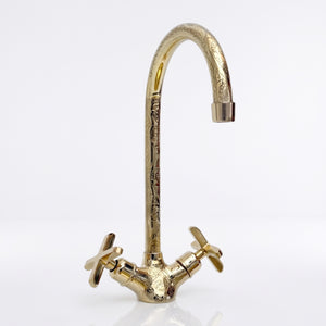 Unlacquered Brass Engraved Gooseneck Single Hole Faucet with Cross Handles