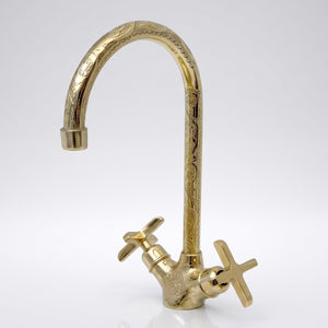 Unlacquered Brass Engraved Gooseneck Single Hole Faucet with Cross Handles