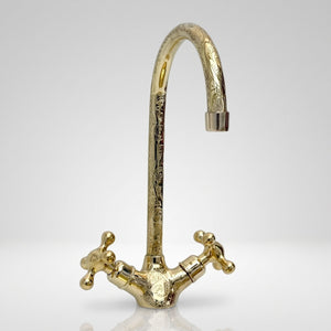 Unlacquered Brass Engraved Gooseneck Single Hole Faucet with Cross Handles