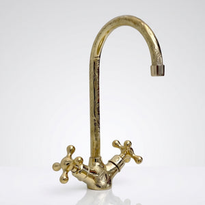 Unlacquered Brass Engraved Gooseneck Single Hole Faucet with Cross Handles