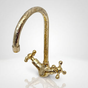 Unlacquered Brass Engraved Gooseneck Single Hole Faucet with Cross Handles