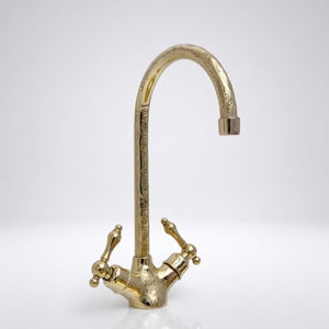 Unlacquered Brass Engraved Gooseneck Single Hole Faucet with Lever Handles