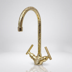 Unlacquered Brass Engraved Gooseneck Single Hole Faucet with Lever Handles