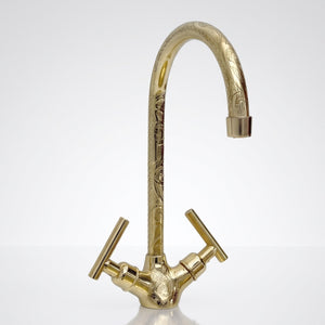 Unlacquered Brass Engraved Gooseneck Single Hole Faucet with Lever Handles