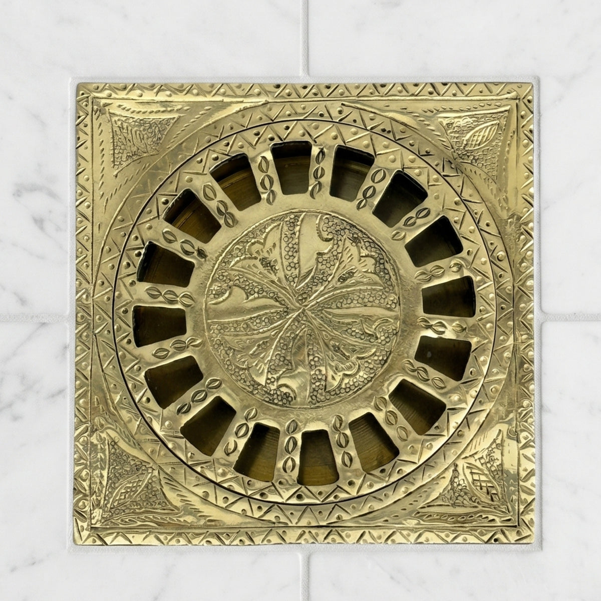 Unlacquered Brass Engraved Shower Drain with Removable Cover, Solid Brass Square Shower Drain