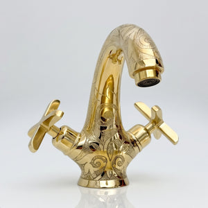Unlacquered Brass Engraved Single Hole Bathroom Faucet with Cross Handles