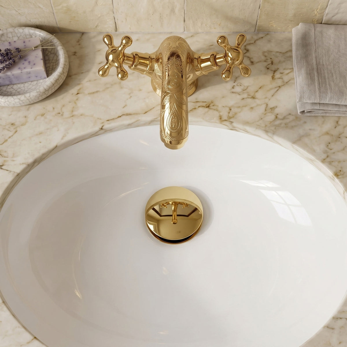 Unlacquered Brass Engraved Single Hole Bathroom Faucet with Cross Handles