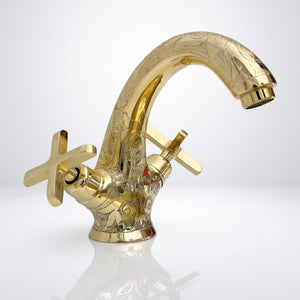 Unlacquered Brass Engraved Single Hole Bathroom Faucet with Cross Handles