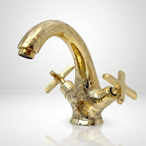 Unlacquered Brass Engraved Single Hole Bathroom Faucet with Cross Handles