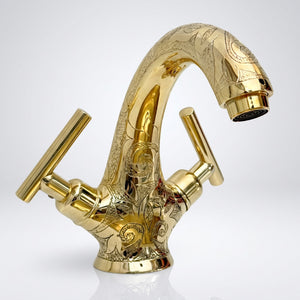 Unlacquered Brass Engraved Single Hole Bathroom Faucet with Lever Handles