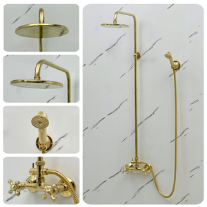 Unlacquered Brass Exposed Shower System with Flat Rainfall Head & Handheld