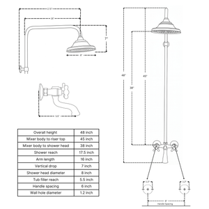 Unlacquered Brass Exposed Shower System with Rainfall Head Tub Filler