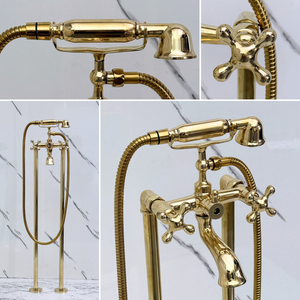 Unlacquered Brass Freestanding Tub Filler with Handheld Shower - image 3