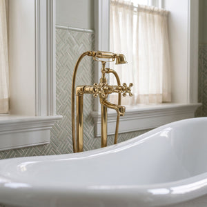 Unlacquered Brass Freestanding Tub Faucet with Handheld Shower and Cross Handles, 38-Inch Height