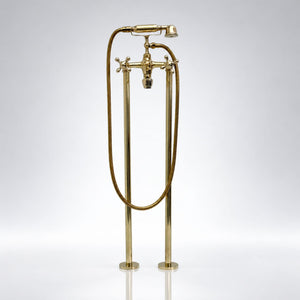 Unlacquered Brass Freestanding Tub Faucet with Handheld Shower and Cross Handles, 38-Inch Height