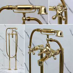 Unlacquered Brass Freestanding Bathtub Faucet, Solid Brass Tub Filler with Handheld Shower Head and Cross - image 3