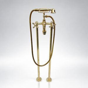 Unlacquered Brass Freestanding Tub Faucet with Handheld Shower and Cross Handles, 38-Inch Height