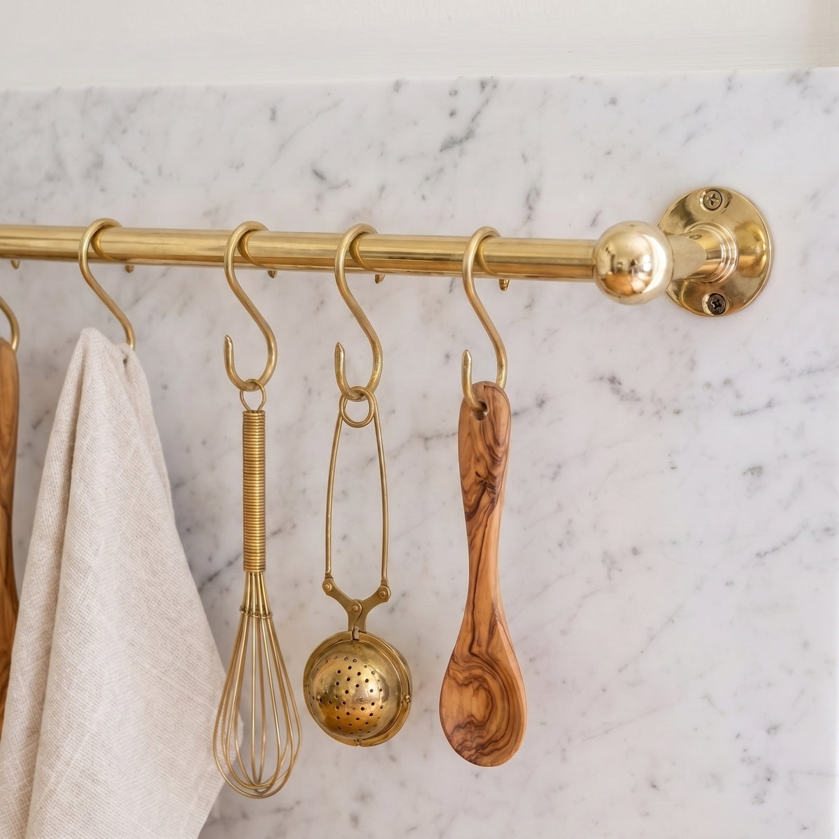 Unlacquered Brass Hanging Pot Rack, Kitchen Hook Rail, Wall Mount Rail with hooks