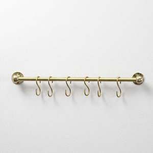 Unlacquered Brass Hanging Pot Rack, Kitchen Hook Rail, Wall Mount Rail with hooks