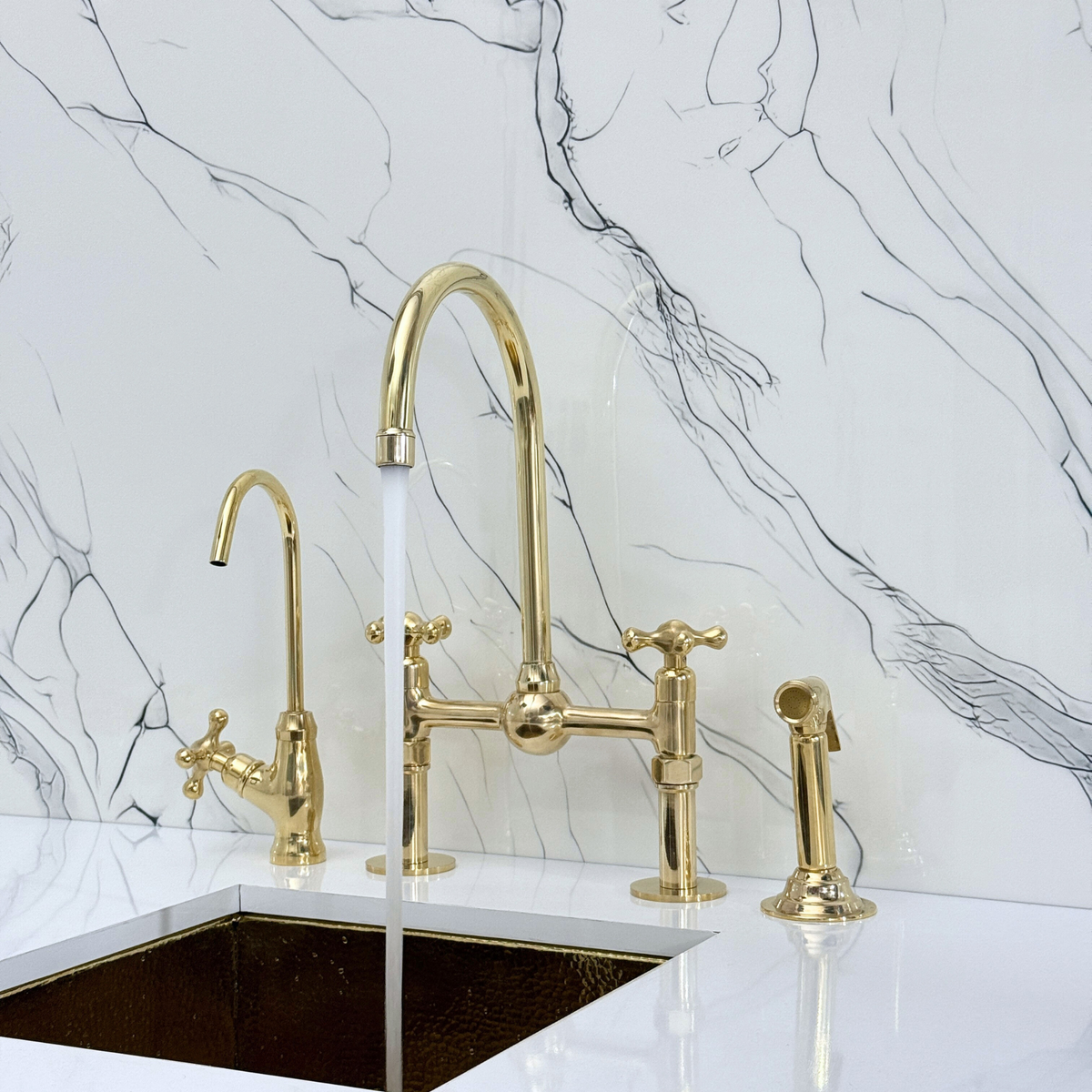 Unlacquered Brass Bridge Kitchen Faucet with Cross Handles – Regent – alternate view 2