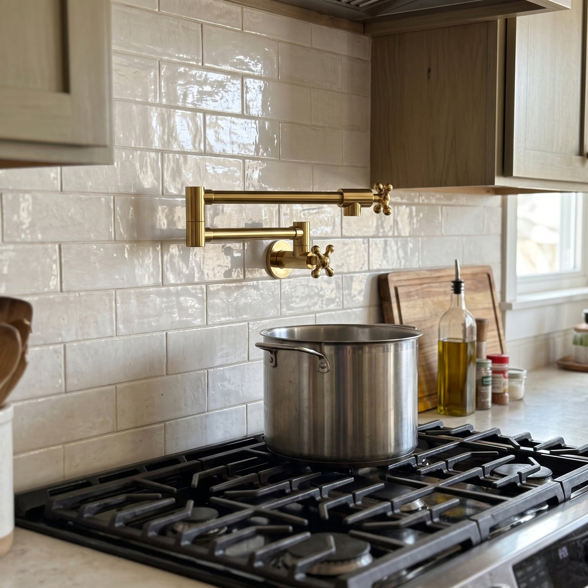 Unlacquered Brass Swing-Arm Pot Filler with Cross Handles