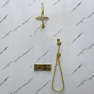 Unlacquered Brass Adjustable Flat Round Rain Shower System with Handheld — Arcuate arm (UBCSS-012) — detail view 5