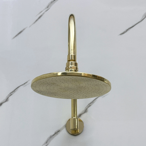 Unlacquered Brass Adjustable Flat Round Rain Shower System with Handheld — Arcuate arm (UBCSS-012) — detail view 6