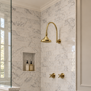 Unlacquered Brass Adjustable 6" Round Rain Shower System, Arcuate Arm