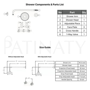 Unlacquered Brass Adjustable 6" Round Rain Shower System, Straight Arm