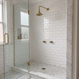 Unlacquered Brass Adjustable 6" Round Rain Shower System, Straight Arm