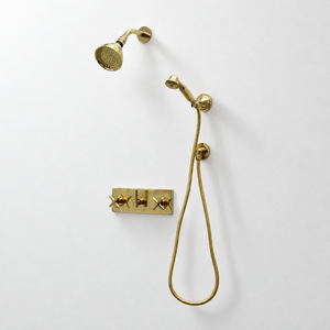 Unlacquered Brass Adjustable 4" Round Rain Shower System with Handheld, Short Arm