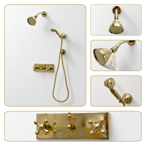 Unlacquered Brass Adjustable 4" Round Rain Shower System with Handheld, Short Arm