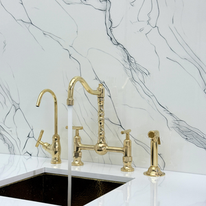 Unlacquered Brass Victorian Bridge Kitchen Faucet with Lever Handles – Pembroke – alternate view 2