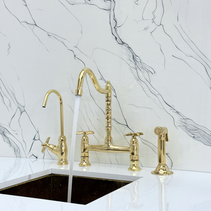 Unlacquered Brass Victorian Bridge Kitchen Faucet with Cross Handles – Alderley – alternate view 5