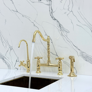 Unlacquered Brass Victorian Bridge Kitchen Faucet with Cross Handles – Alderley – alternate view 2