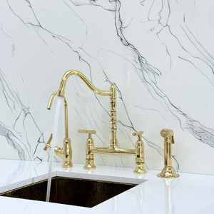 Unlacquered Brass Victorian Bridge Kitchen Faucet with Lever Handles – Alderley – alternate view 6