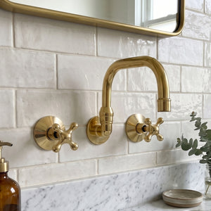 Unlacquered Brass Wall-Mount Bathroom Faucet with Cross handles