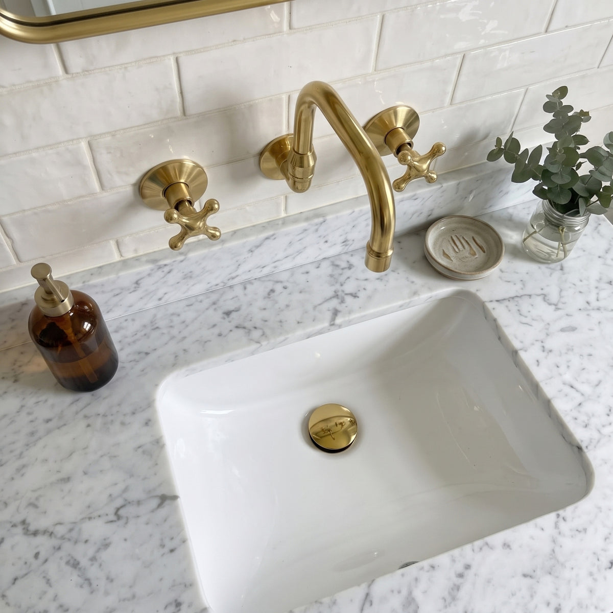 Unlacquered Brass Wall-Mount Bathroom Faucet with Cross handles