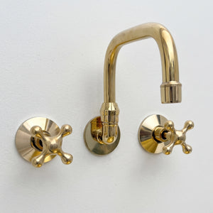 Unlacquered Brass Wall-Mount Bathroom Faucet with Cross handles